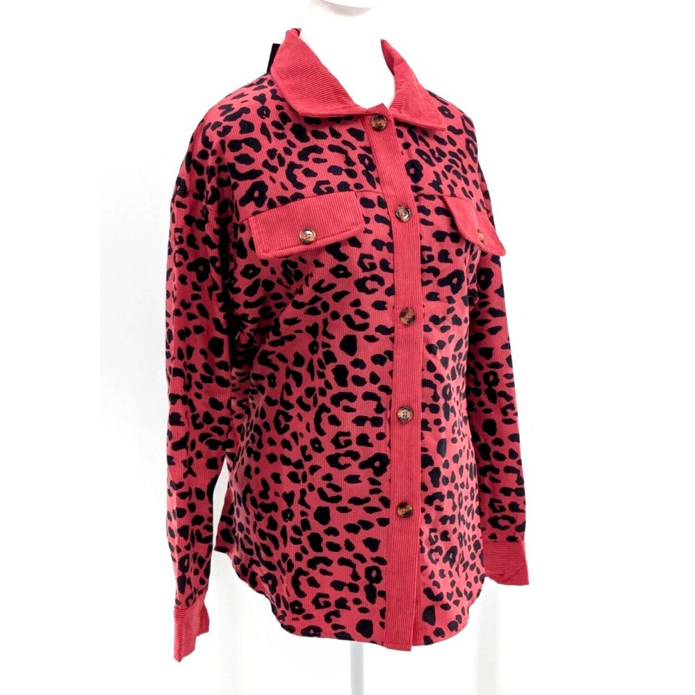 Allegra K Fuchsia Baggy Cheetah Corduroy Long Sleeve Button Top Blouse Size SM